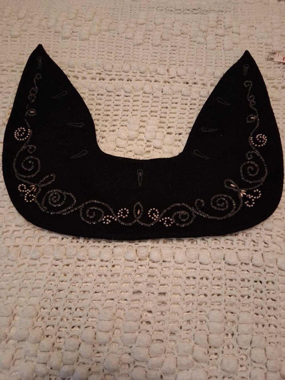 Vintage 1940s Black Wool Collar • Dramatic Beaded & Seed Pearl Trim • Noir Glam